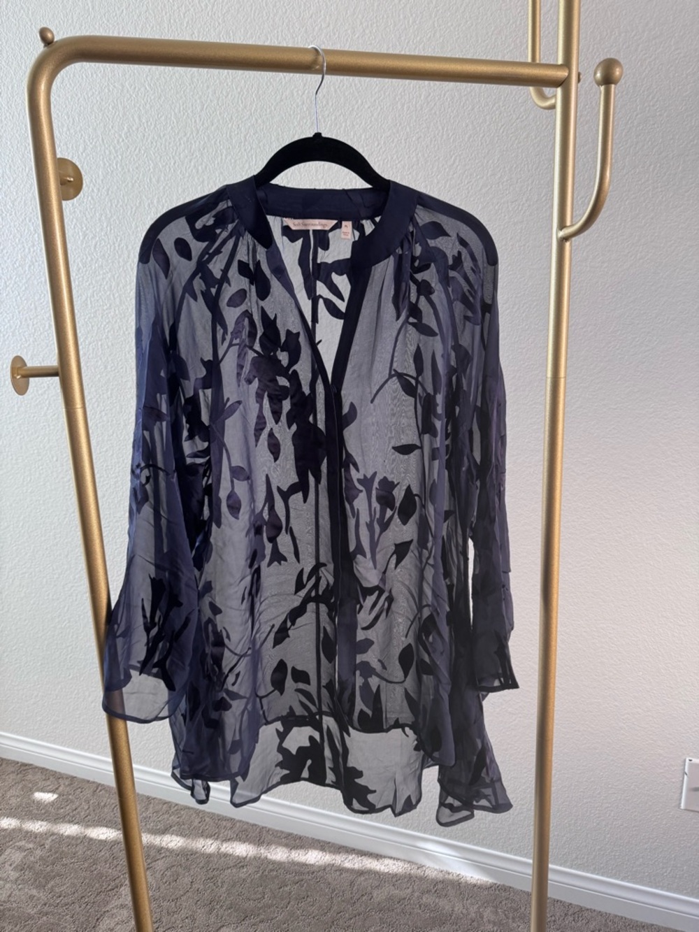 Soft Surroundings Navy Sheer Floral Open-Front Blouse